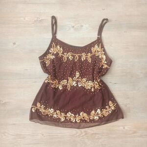 Y2K Brown Beaded Sequin Micromesh Fairy Cami